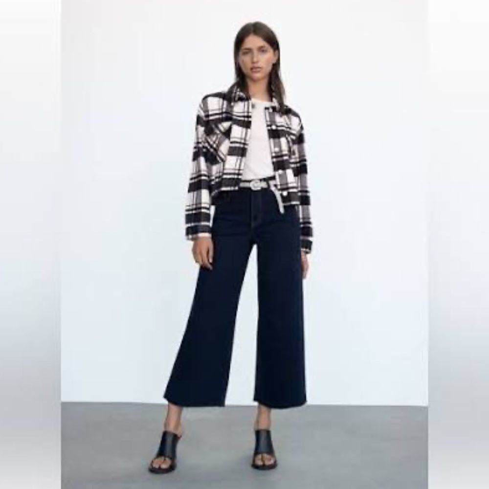 Zara‎ Black/White/Brown Plaid Crop Jacket Sz S